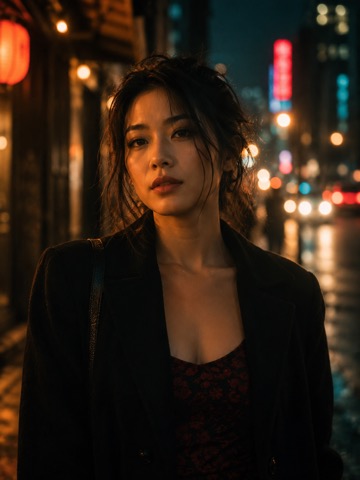 夜晚街头电影氛围的女性人像风格示意图